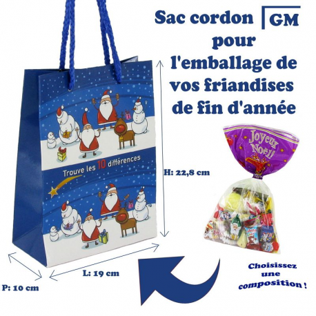 Sac cordon papier Noël 22.5x19x10cm décor "10 différences"