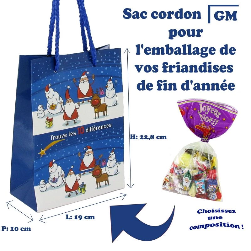 Sac cordon papier Noël 22.5x19x10cm décor 10 différences