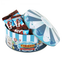 Boîte métal chapiteau de cirque garnie de 30 oursons babies à la guimauve