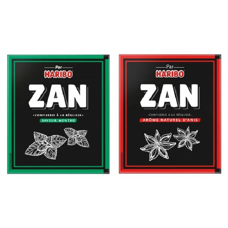 Confiserie Réglisse anis ou menthe Marque Haribo Pain Zan rouge, vert.