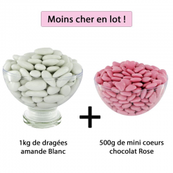 Dragées 43% d'amande BLANC brillant 1kg + Mini coeurs chocolat ROSE 500g - Le lot