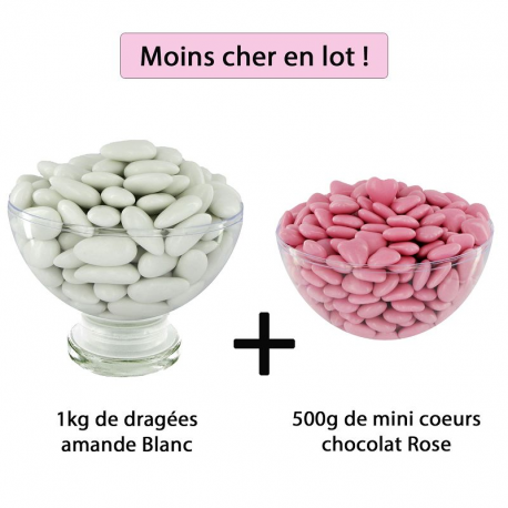 Dragées 43% d'amande BLANC brillant 1kg + Mini coeurs chocolat ROSE 500g - Le lot
