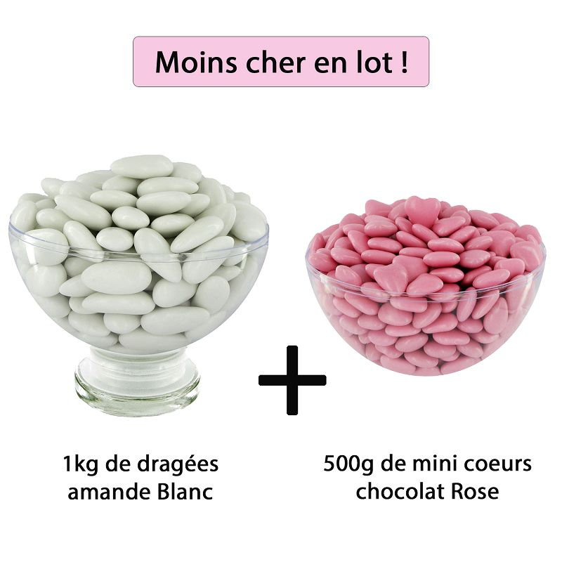 Dragées 43% d'amande BLANC brillant 1kg + Mini coeurs chocolat 71