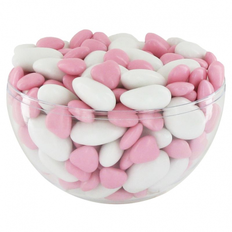 Dragées 43% d'amande BLANC brillant 1kg + Mini coeurs chocolat ROSE 500g - Le lot
