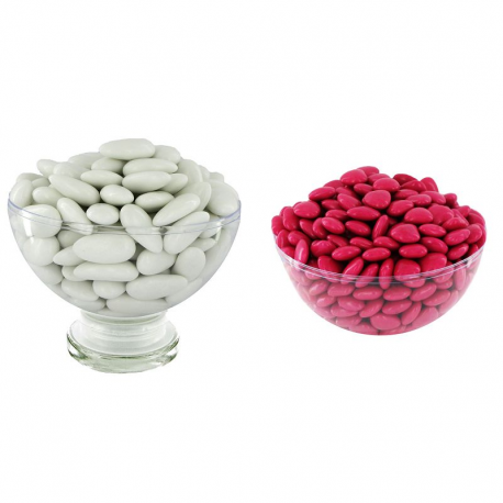 Dragées 43% d'amande BLANC brillant 1kg + Mini coeurs chocolat FRAMBOISE 500g - Le lot