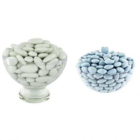 Dragées 43% d'amande BLANC brillant 1kg + Mini coeurs chocolat BLEU 500g - Le lot