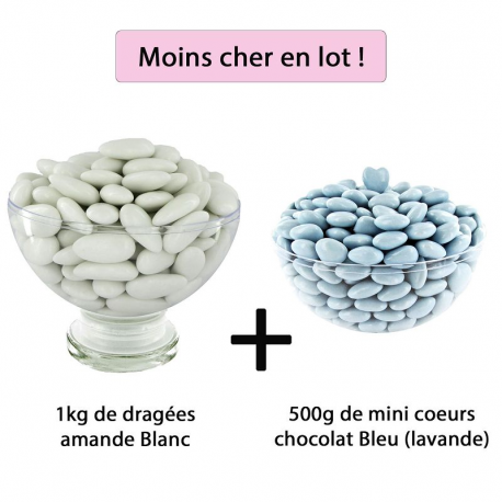 Dragées 43% d'amande BLANC brillant 1kg + Mini coeurs chocolat BLEU 500g - Le lot