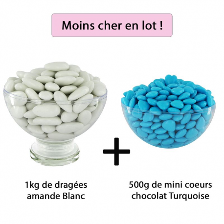 Dragées 43% d'amande BLANC brillant 1kg + Mini coeurs chocolat TURQUOISE 500g - Le lot