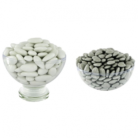 Dragées 43% d'amande BLANC brillant 1kg + Mini coeurs chocolat GRIS LUNE 500g - Le lot