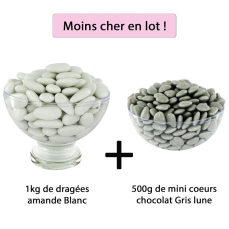 Dragées 43% d'amande BLANC brillant 1kg + Mini coeurs chocolat GRIS LUNE 500g - Le lot