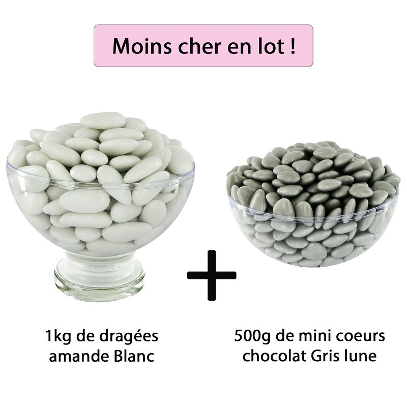 Dragées 43% d'amande BLANC brillant 1kg + Mini coeurs chocolat 71