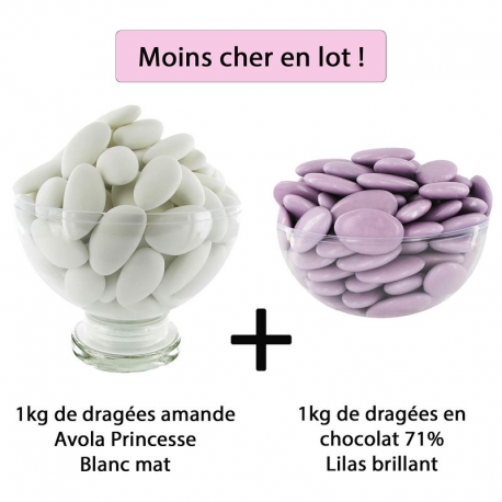 Dragées Avola Princesse 43% d'amande BLANC MAT 1kg + Chocolat 71% LILAS 1kg - Le lot