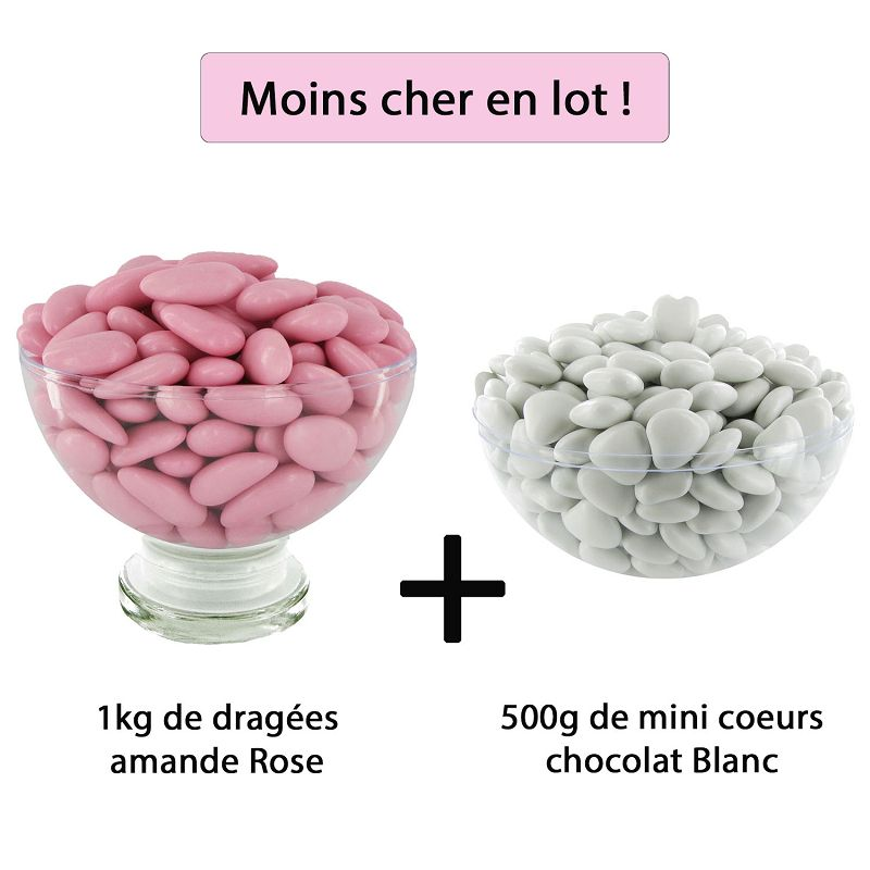 Dragées 43% d'amande ROSE brillant 1kg + Mini coeurs chocolat 71% BLANC  500g - Le lot