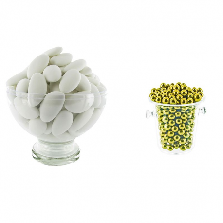 Dragées Avola Princesse 43% d'amande BLANC MAT 1kg + Perles au sucre OR 250g - Le lot