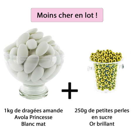 Dragées Avola Princesse 43% d'amande BLANC MAT 1kg + Perles au sucre OR 250g - Le lot