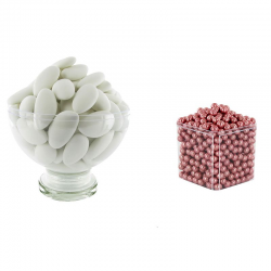 Dragées Avola Princesse 43% d'amande BLANC MAT 1kg + Perles au sucre ROSE GOLD 250g - Le lot