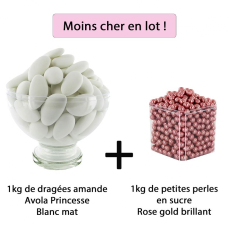 Dragées Avola Princesse 43% d'amande BLANC MAT 1kg + Perles au sucre ROSE GOLD 250g - Le lot