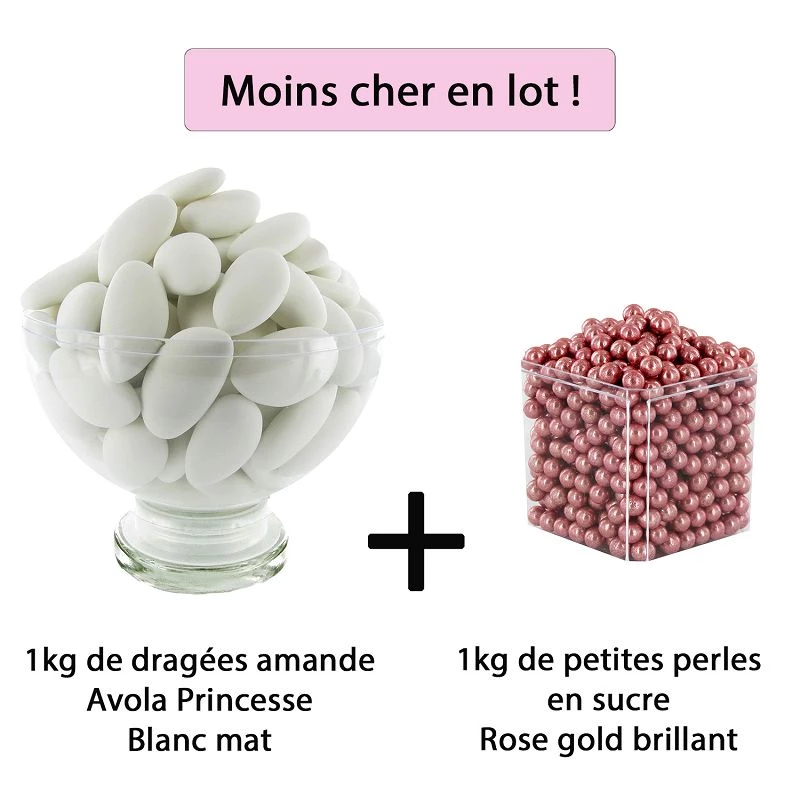 Dragées 43% d'amande BLANC brillant 1kg + Mini coeurs chocolat 71