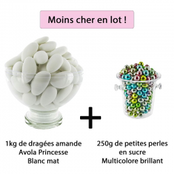Dragées Avola Princesse 43% d'amande BLANC MAT 1kg + Perles au sucre MuLTICOLORE 250g - Le lot