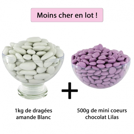 Dragées 43% d'amande BLANC brillant 1kg + Mini coeurs chocolat LILAS 500g - Le lot