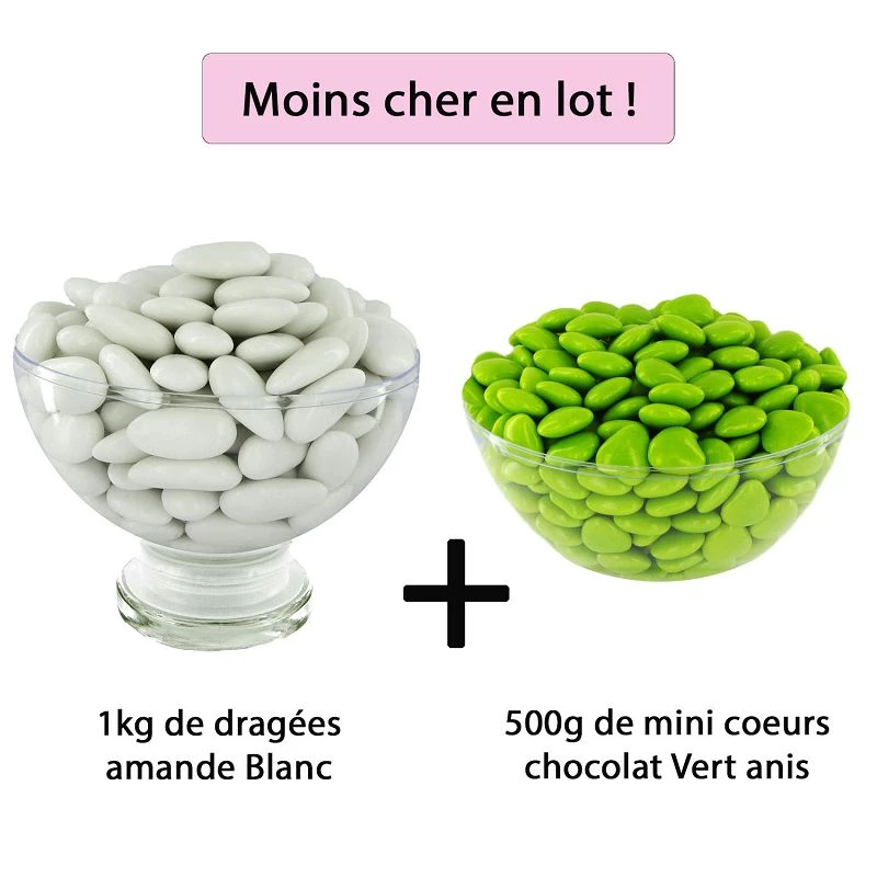 Dragées 43% d'amande BLANC brillant 1kg + Mini coeurs chocolat 71% VERT  ANIS 500g - Le lot