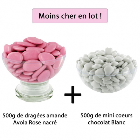 Dragées Avola Dauphine 45% d'amande ROSE brillant 500g + Mini coeurs chocolat BLANC 500g - Le lot