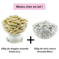 Dragées Avola Dauphine 45% d'amande ECRU brillant 500g + Mini coeurs chocolat BLANC 500g - Le lot