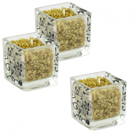 Trio de bougies cube OR et barquette en bois - pièce
