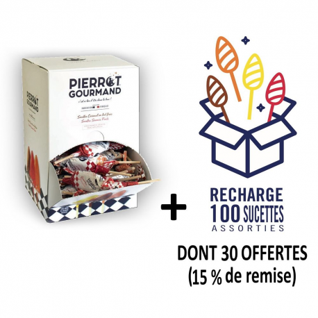 Colis 200 sucettes Pierrot Gourmand assorties fruits dont 30 offertes