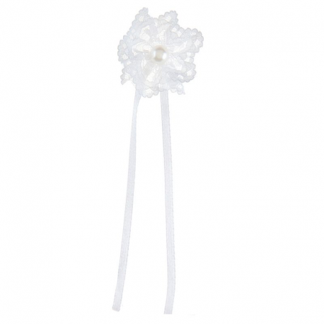 Fleurs dentelle et perle sur ruban BLANC - 6 pièces