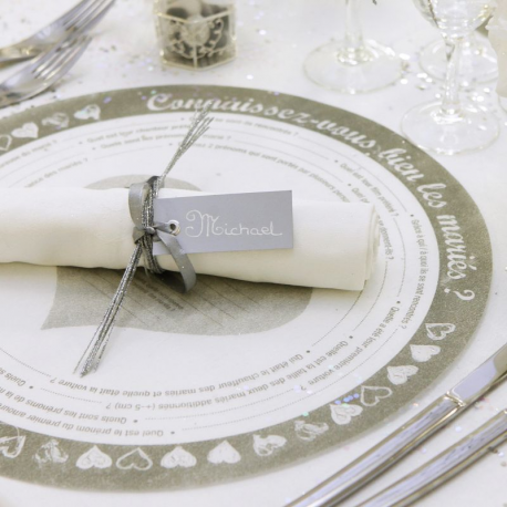 Marque-places rectangle et ruban GRIS - 12 pièces