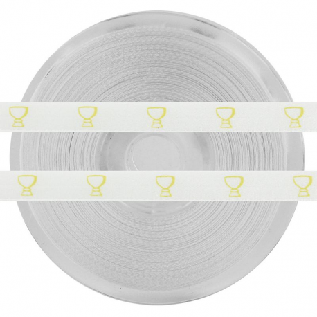 Ruban blanc en satin imprimé CALICE or - la bobine de 25 mètres