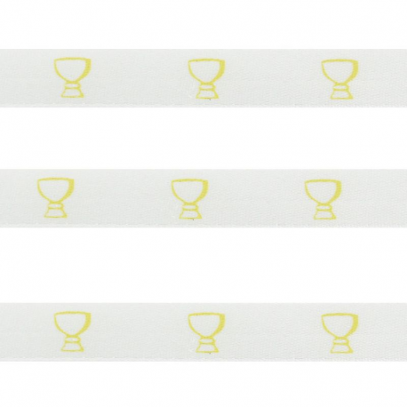 Ruban blanc en satin imprimé CALICE or - la bobine de 25 mètres