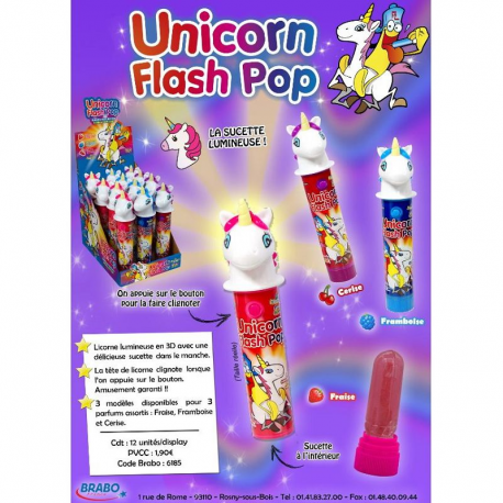 Sucettes Flash pop Unicorn Funny Candy - boîte de 12