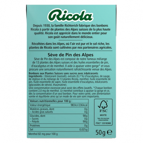 Ricola Sève de Pin SANS SUCRES 50g - 20 étuis
