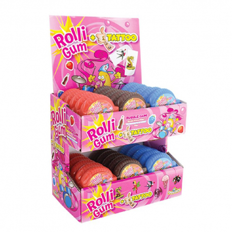 Rolli gum Funny Candy assortis et tattoo - présentoir de 30