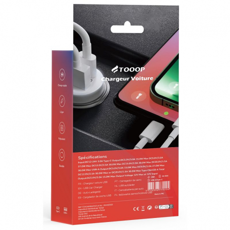 Chargeur voiture 30W USB + Type C charge rapide TOOOP