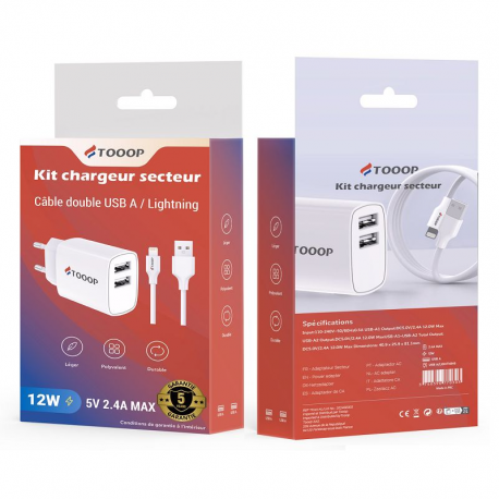 Kit Chargeur secteur 2 ports USB + câble USB-A vers Lightning (Apple)