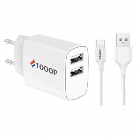 Kit Chargeur secteur 2 ports USB + câble type C blanc