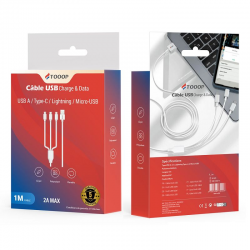 Câble 3 en 1 PVC blanc 1m (USB-A vers Micro USB, Type C et Lightning (Apple)