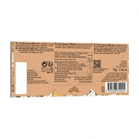 Chocolat Pure Origine Araguani 100% SANS SUCRES Valrhona - tablette de 70g