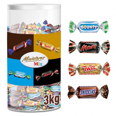 Miniatures Mix - Mars Twix Bounty et Snickers - le tubo de 3kg