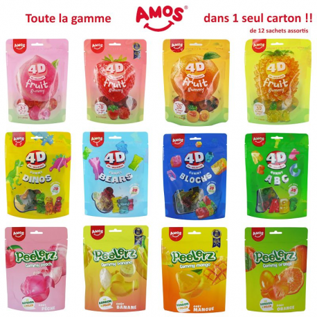 Assortiment gamme Kids 4D, Peelers et Fruits 4D Amos 120/140g - carton de 12 sachets