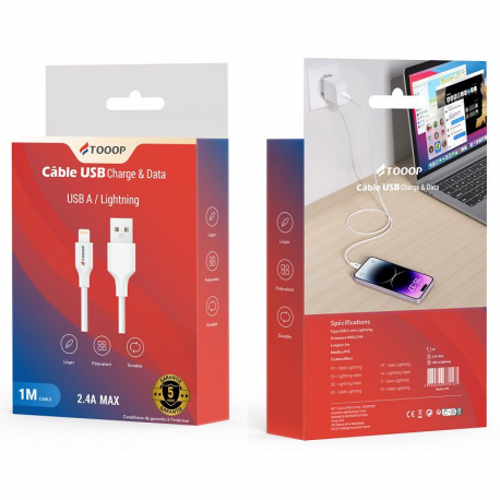 Câble USB-A vers Lightning (Apple) PVC blanc 1m TOOOP