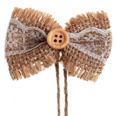 Noeuds en jute, dentelle et bouton sur lien - 6 pièces