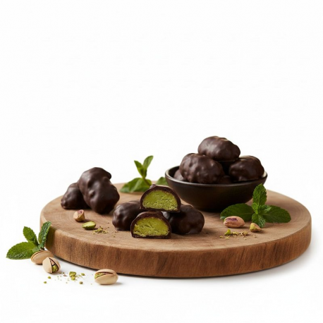 Malakoffs chocolat noir et pâte d'amandes à la pistache - ballotin 250g