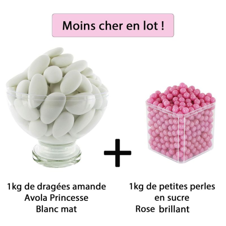 Dragées Avola Princesse 43% d'amande BLANC MAT 1kg + Perles au sucre ROSE BRILLANT 250g - Le lot