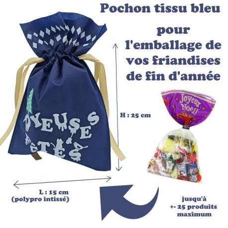 Pochon intissé bleu avec ruban satin or 15x25cm - pièce