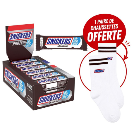 Snickers Protein 47g - boîte de 18 + 1 paire de chaussettes Snickers OFFERTE