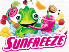 Le logo de la marque SUNFREEZE et sa mascote Leon le cameleon